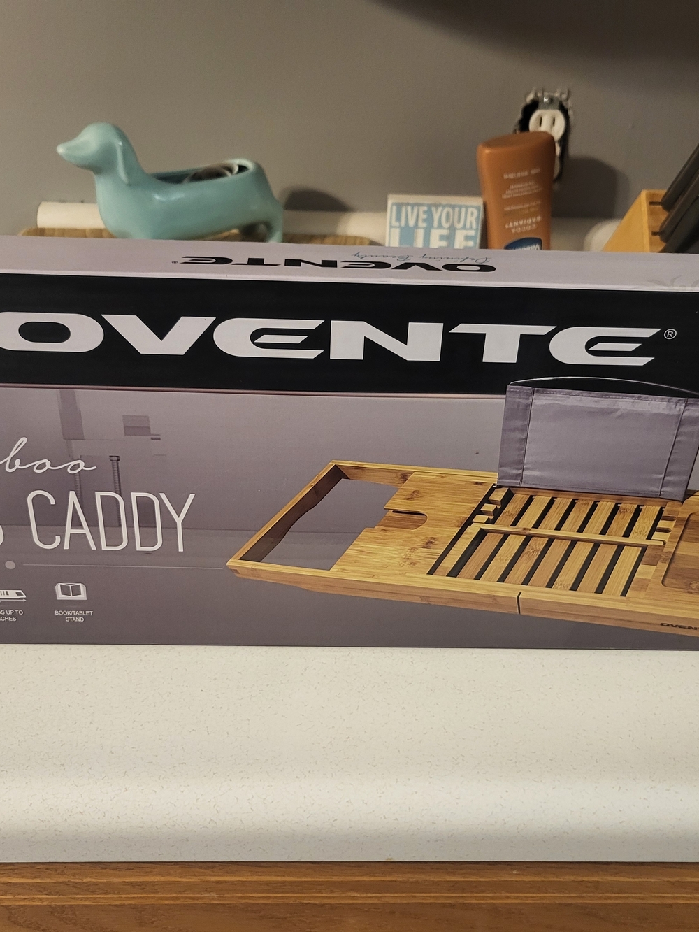 Ovente Bamboo Bath Caddy Tray - Natural Bamboo Finish